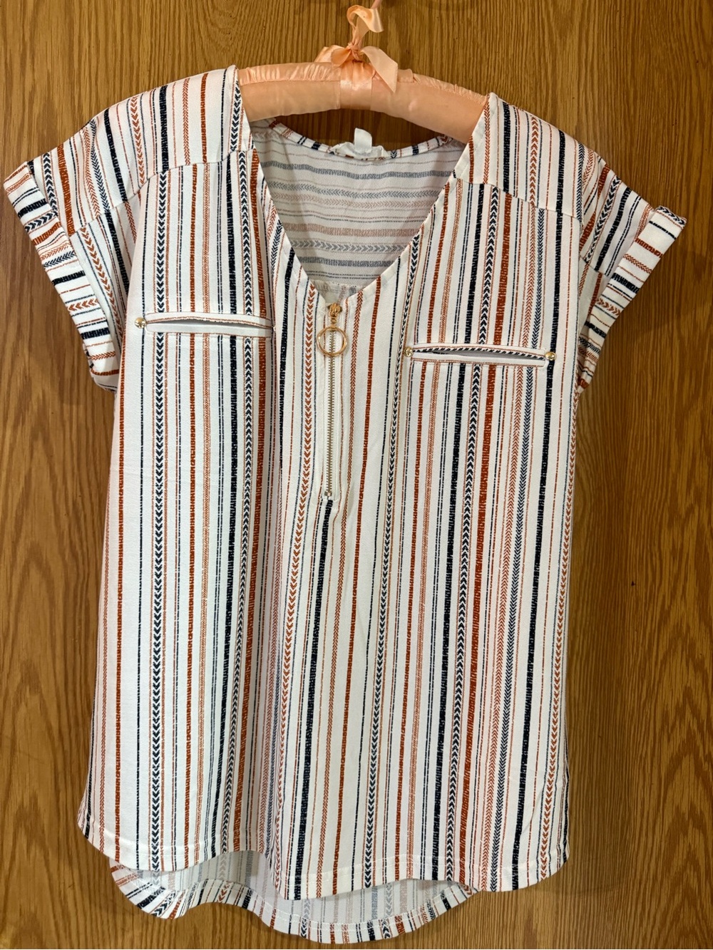 mine Striped V-Neck Short Sleeve Top in White, Rust & Navy